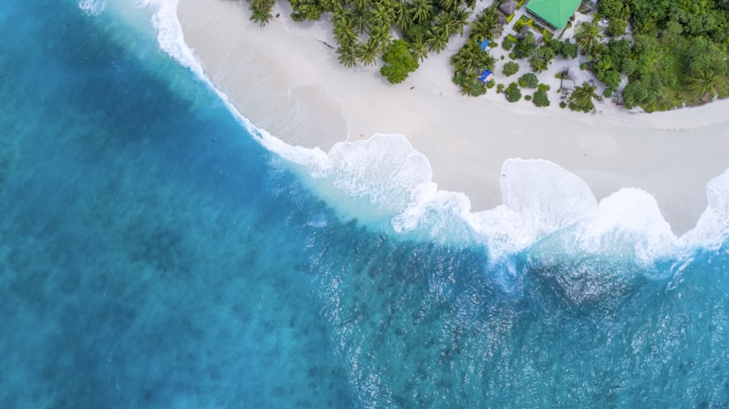 Aerial view of turquoise waves breaking along a white sand coastline with palm trees